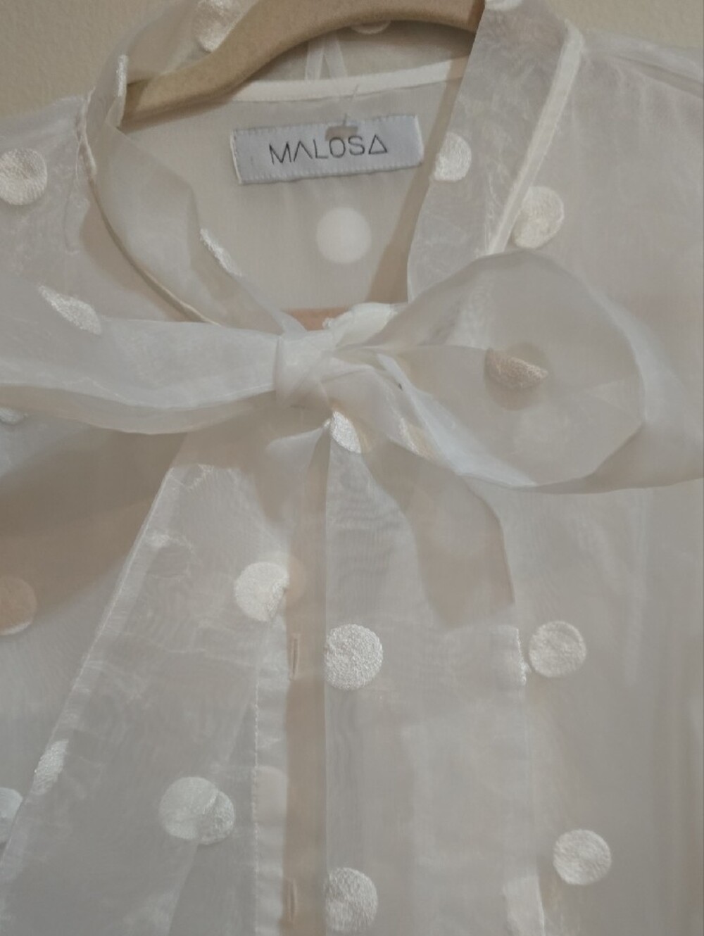 White Sheer Polka Dot Tie-Neck Blouse - Picture 2 of 4